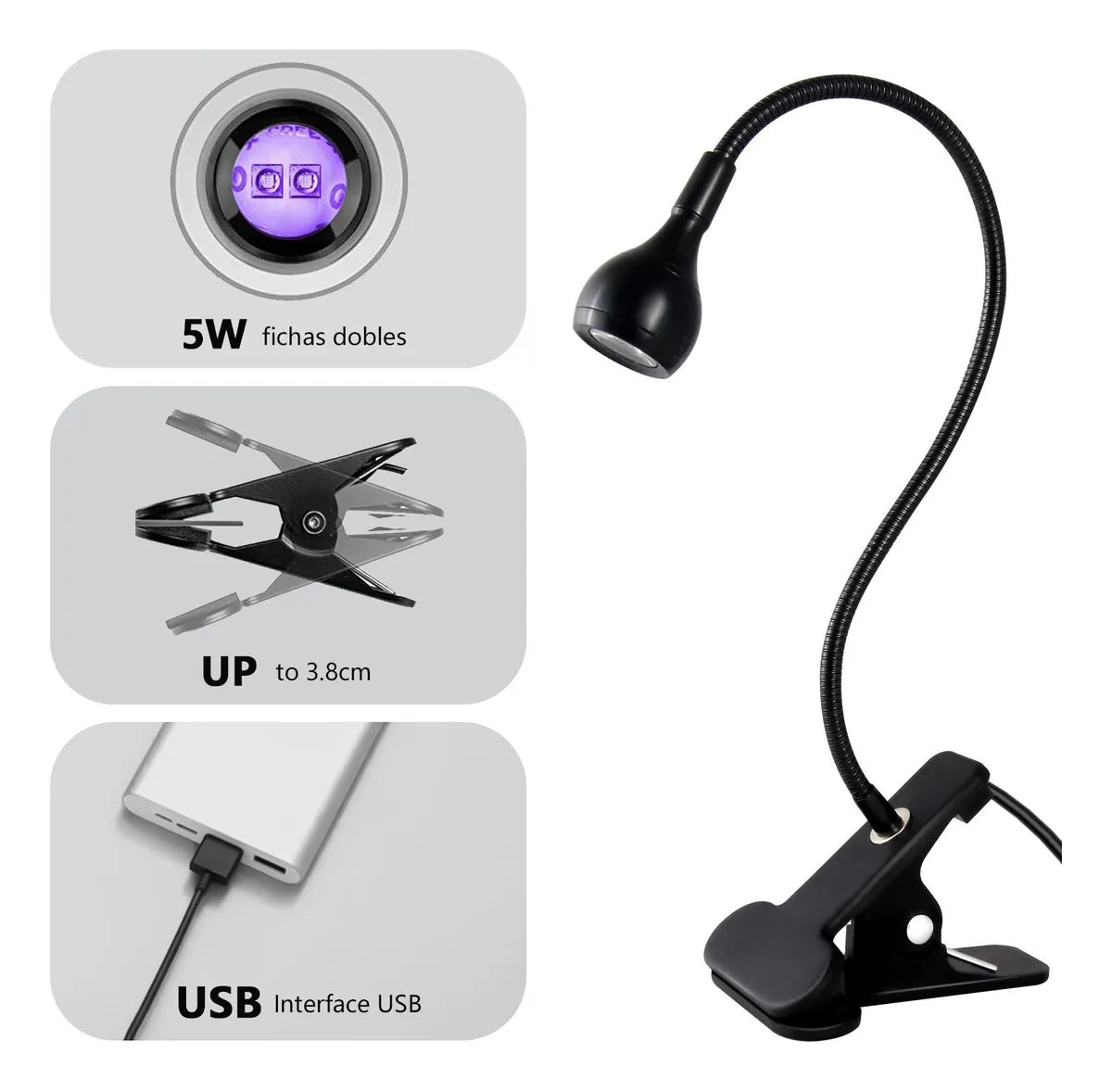 Lámpara Uv Led Cuello De Cisne Para Uñas Usb Con Clip Gel 5w